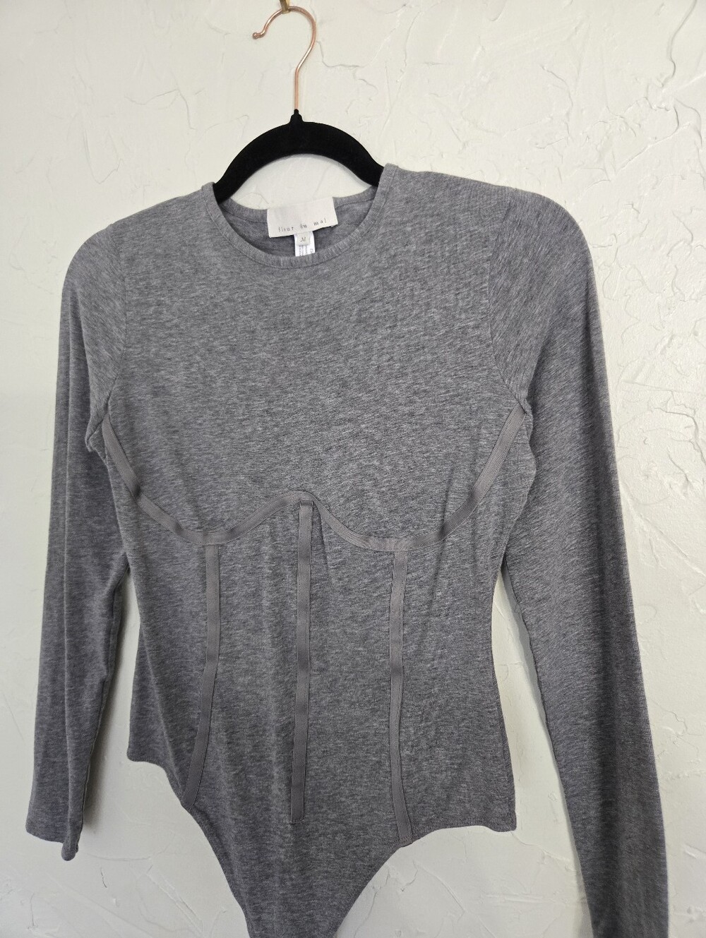 Fleur Du Mal Gray Cotton Long Sleeve Bustier Bodysuit, M - Picture 4 of 9